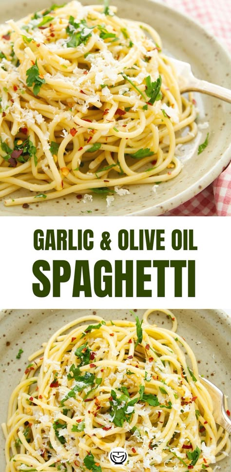 This fragrant spaghetti with garlic and olive oil (Italian aglio e olio) is one of the classic Italian recipes: cheap, tasty, and ready in 10 minutes. Perfect for sharing with friends or when you want a quick and easy dinner! #pastarecipes #easydinnerrecipes #cheapdinners #quickandeasydinnerrecipes #aglioeoliorecipes #spaghettirecipes Resep Pasta, Garlic And Olive Oil, Recipes Cheap, Aglio E Olio, Pasta Dinners, Quick And Easy Dinner, God Mat, Spaghetti Recipes, Easy Pasta Recipes