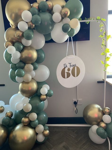 Eucalyptus Green, Golds & White Balloon Garland - 60th Birthday 60th Birthday Theme, 60th Birthday Balloons, White Balloon Garland, 60th Birthday Decorations, Eucalyptus Green, 60th Birthday Party, White Balloons, 60th Birthday, Balloon Garland