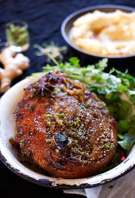 Pork Leg Recipes, Coriander Pesto, Pork Leg Roast, Pork Ideas, Basting Sauce, Pork Leg, Banting Recipes, Ginger Pork, Pork Glaze