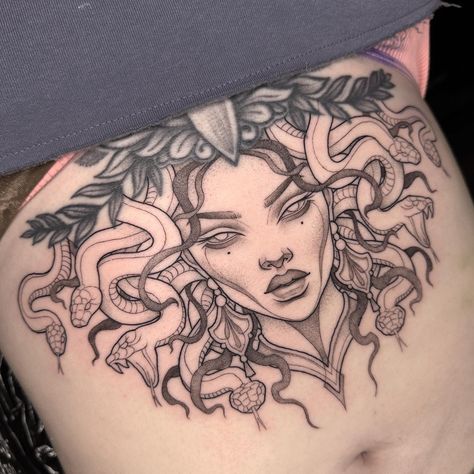 Still some scales and shading left to do in the snakes… but here’s how far we got with Alice’s Medusa yesterday (the healed piece above is not my work). It can be a tough spot the stencil but you did AMAZING! Can’t wait to finish 💕 . . #tattoo #tattoos #tattooartist #tattooinspo #tattooideas #medusa #medusatattoo #snaketattoo #sternumtattoo #brightontattoo #londontattoo Medusa Stomach Tattoos Women, Medusa Tattoo Under Breast, Medusa Stomach Tattoo, Stomach Tattoo Female, Big Sternum Tattoo, Medusa Sternum Tattoo, Medusa Tattoo Ideas, Underbreast Tattoo, Tattoo Medusa