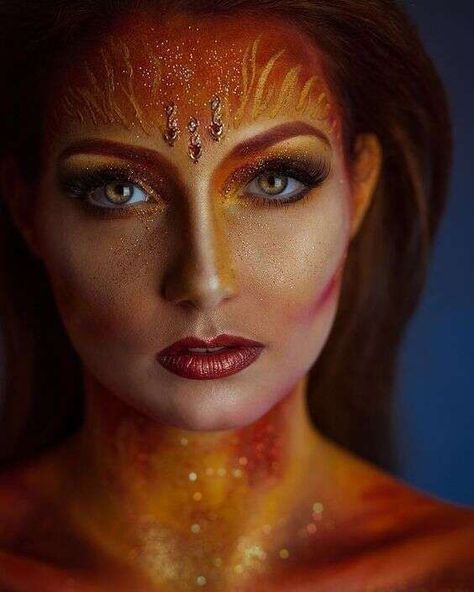 (ad) Find beauty  ,  makeup  workshops and product ... Elements Photoshoot, Makeup Unique, Phoenix Makeup, Unique Halloween Makeup, Dragon Makeup, Phoenix Costume, Fire Costume, Fire Makeup, Halloweenský Makeup