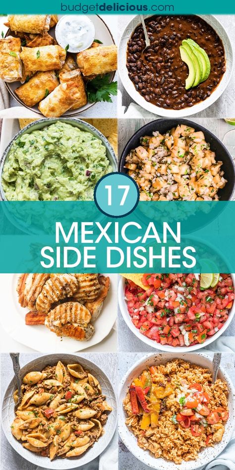 Cooking up an awesome Mexican fiesta or Cinco de Mayo parties and need some the easy Mexican side dishes to serve with it? Or just looking for some tacos side dishes, fajitas side dishes or side dishes for enchilada for use during taco tuesdays or weeknight dinner, lunches and brunch? Then find here some of the best Mexican sides including beans, rice, dips, tortillas, chips, chicken, churros and more. #mexican #sides #recipes #taco #fajita #enchiladas Taco Tuesday Recipes Sides, Sides For Pupusas, Sides For Steak Tacos, Mexican Side Dishes Recipes, Sides With Mexican Food, Mexican Menu Ideas Dinner Parties, Birria Tacos Side Dishes, Mexican Pitch In Ideas, Mexican Apps Appetizers Parties