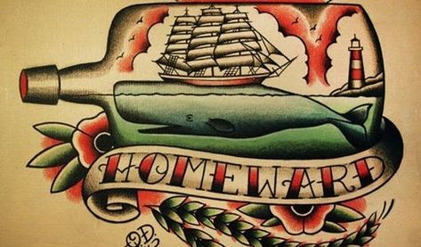 Homeward Bound Traditional Old School Tattoos: What Do They Mean? Traditional Tattoo Prints, Flash Art Tattoos, Ship In Bottle, Bottle Tattoo, Kunst Tattoos, Tattoo Old School, Muster Tattoos, Nautical Tattoo, Ship Tattoo