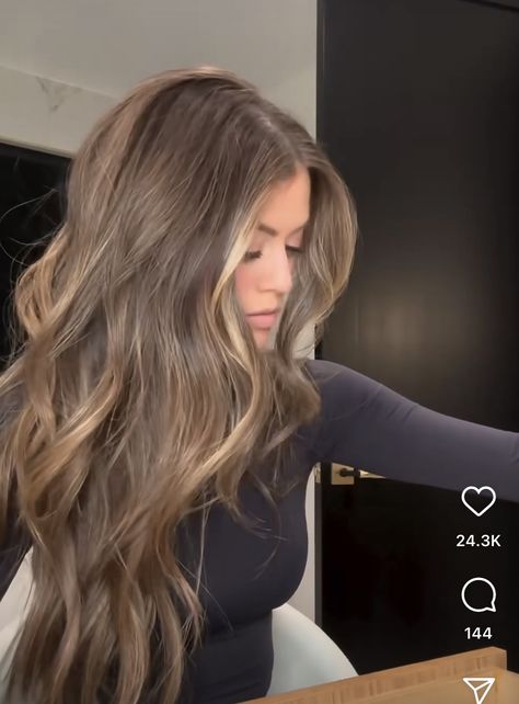 Brown Hair W Dimension, Cool Tone Blonde Balayage Brunettes, Rick Brown Hair Color, Light Brown Hair Chocolate, Highlights On Mousy Brown Hair, Brunette Roots Blonde Hair Balayage, Brunette With Blonde Dimension, Subtle Brunette Dimension, Cookie Butter Brown Hair