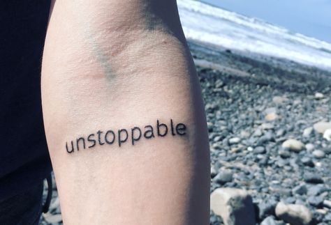 Unstoppable Tattoo #tattoo #tattooword #beach #inspirational #unstoppable Unstoppable Tattoo Symbol, Ambitious Tattoo Words, Unforgettable Tattoo Word, Unstoppable Tattoo Font, Unstoppable Tattoo, Word Temporary Tattoo, I’m Unstoppable, Strong Tattoos, Tattoo Font