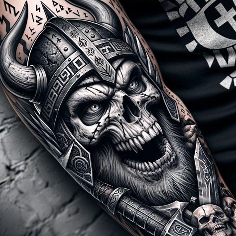 Viking Skull Tattoo Design, Skull Warrior Tattoo, Berserker Tattoo Vikings, Viking Skull Tattoo, Berserker Tattoo, Warrior Tattoo Sleeve, Viking Warrior Tattoos, Skulls Tattoo, Viking Tattoo Sleeve