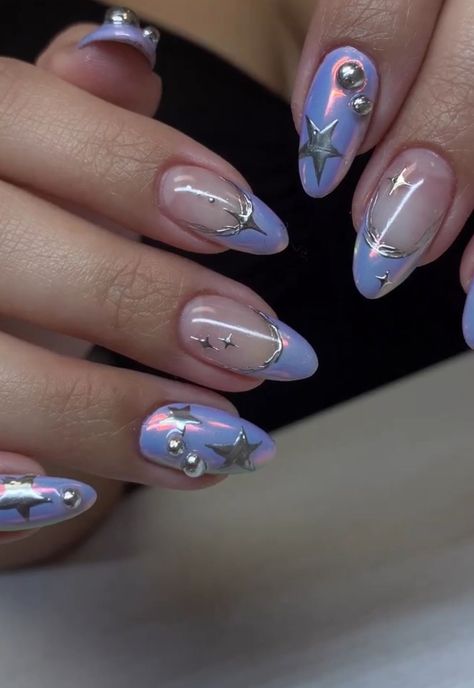 Enchanted Nails Design, Space Theme Nails, Aesthetic Birthday Nails, Cosmic Nail Art, Seventeen Inspired Nails, Space Themed Nails, Saturn Nails, Purple Star Nails, Star Design Nails