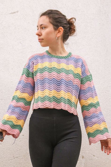 Crochet Wavy Sweater, Sweater With Stripes, Crochet Sweater Pattern Free, Mesh Sweater, Crochet Shrug, Sport Weight Yarn, Sweater Crochet Pattern, Crochet Crop Top, Striped Crop Top