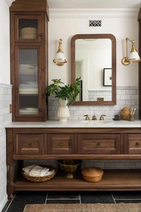 Added Storage In Bathroom, Master Bath Shelves, Antique Makeup Vanity In Bathroom, Coastal Moody Bathroom, Stained Wood Cabinets Bathroom, Hacienda Style Homes Bathroom, Dark Wood Floating Vanity, Paneling Behind Bathroom Vanity, Slate Bathroom Floor Wood Vanity