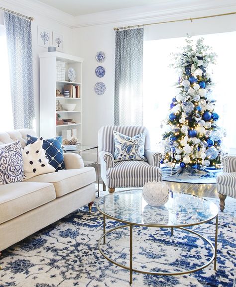 Getting a Blue and White Living Room Ready for Christmas - Thistlewood Farm Blue Christmas Living Room Decor, Pale Blue And White Living Room, Leather Sofa Coastal Living Room, Christmas Bedroom Blue And White, Blue White Living Room Decor, Future House Ideas Decorating, Blue Christmas Living Room, Chinoiserie Decorating Living Room, Neutral And Blue Living Room