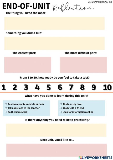 End of unit reflection sheet worksheet End Of Unit Reflection, Reflection Sheets For Students, Student Reflection Sheet, Year End Reflection, Reflection Sheet, Business Worksheet, Matter Unit, Year Reflection, Mental Health Assessment