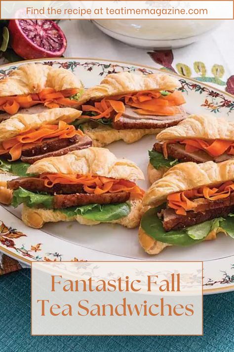 Savor the cool, crisp days of autumn with a tempting selection of some of our favorite seasonal tea sandwich recipes from the pages of TeaTime. Including fusions of classic flavors, new takes on afternoon-tea staples, and plenty of seasonal produce, tea guests are sure to enjoy some of our tastiest offerings. Summer Tea Party Food, Fall Tea Sandwiches, Halloween Tea Sandwiches, Autumn Sandwiches, Fall Afternoon Tea, Fusion Food Recipes, Smashburger Tacos, English Tea Sandwiches, Fall Tea Party