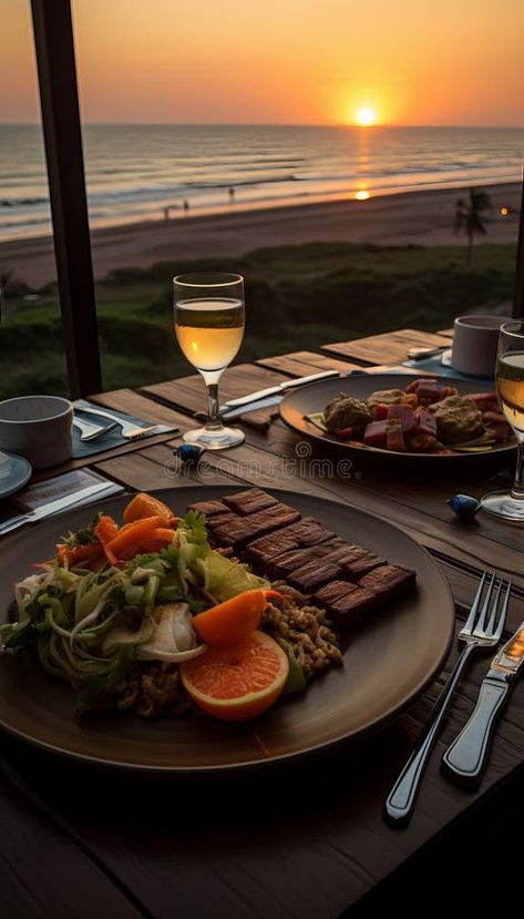 Fine dining with a view of the beach and the sunset in the background. stock photography Beach Side Restaurant, Fine Dining Photography, Restaurant Salad, Salad Vegetables, Fancy Glasses, Restaurant Photography, Background Photo, Beach View, Vegetable Salad