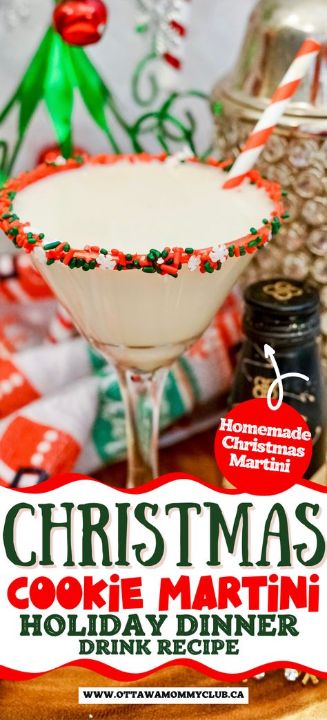 Christmas Cookie Martini: Best Holiday Cocktail | OMC Christmas Cookie Martini Recipe, Christmas Cookie Martini, Cookie Martini Recipe, Sugar Cookie Martini Recipe, Sugar Cookie Martini, Cookie Martini, Peppermint Vodka, Christmas Martini, Rocking Around The Christmas Tree