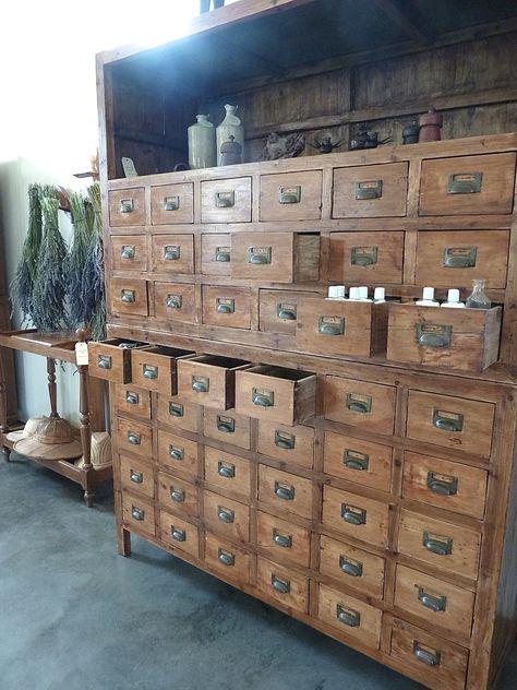 Apothecary Chest, 48 drawers.  StoneHouse Artifacts, Bellingham, Washington. Apothecary Chest, Apothecary Drawers, Hamptons Home Office, Card Catalog Cabinet, Industrial Chic Decor, Art Studio Storage, Warehouse Living, Antique Chinese Furniture, Apothecary Cabinet