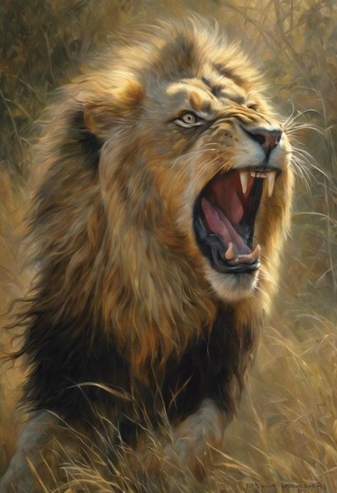 Majestic Lion Roar Check more: https://paintlyx.com/majestic-lion-roar/ Lion Reference Photography, Lion Roaring Painting, Lion Oil Painting, Lion Roaring, Lion Roar, Chaotic Energy, Majestic Lion, Gcse Art Sketchbook, Roaring Lion