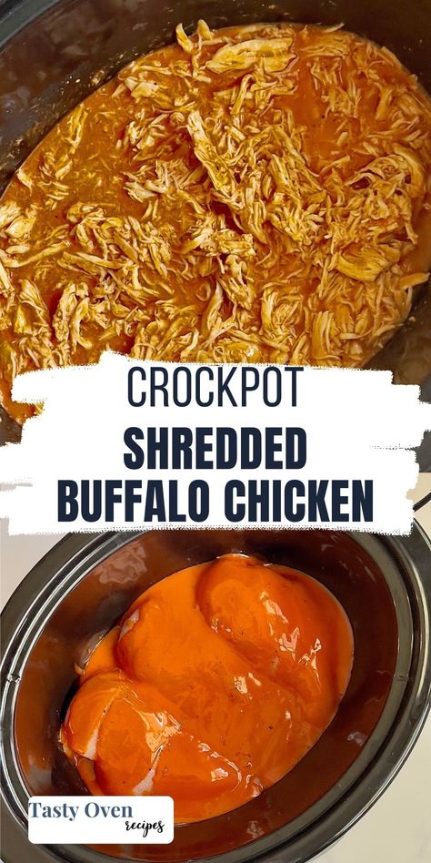 Crockpot Buffalo Chicken is an incredibly easy way to make the perfect buffalo-style shredded chicken for pizza, lettuce wraps, tacos, burgers, salads and more! WIth just 4 ingredients, this easy slow cooker chicken comes out tender, juicy, and flavorful. Buffalo Ranch Crockpot Chicken, Buffalo Chicken Tacos Crockpot, Buffalo Chicken In Crockpot, Shredded Buffalo Chicken Crockpot, Buffalo Chicken Dinner Ideas, Buffalo Chicken Recipes Crockpot, Buffalo Chicken Crockpot, Easy Crockpot Buffalo Chicken, Buffalo Chicken Breast