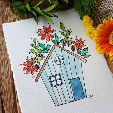 Watercolor Housewarming Card, New House Watercolour Card, New Home Cards Handmade Watercolour, Watercolour House Painting, Welcome Home Cards, House With Flowers, Doddle Art, Watercolor House, Housewarming Card