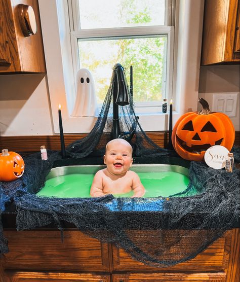 Baby girl Halloween milk bath photos | seven month milestone photos Halloween Pictures For Babies, Halloween Milk Bath Baby, Halloween Baby Photoshoot At Home, Halloween Milestone Pictures, Halloween Baby Photoshoot Ideas, October Baby Photoshoot, Two Month Old Baby Pictures, Halloween Photoshoot Baby, Baby Halloween Photoshoot