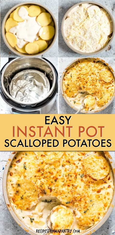 These Best Easy Instant Pot Scalloped Potatoes are the perfect make ahead decadent side dish or main. The potatoes are cooked to tender perfection in a creamy, cheesy sauce with a golden crunchy top. Check out how to make these cheesy scalloped potatoes in the Instant Pot, oven or crockpot. #instantpot #instantpotrecipes #scallopedpotatoes #homemadescallopedpotaoes #easycheesyscallopedpotatoes #dauphinoisepotatoes #cheesypotatoes #crockpotscallopedpotatoes #potatoes Instant Pot Cheesy Scalloped Potatoes, Instant Pot Potato Side Dishes, Ninja Foodi Scalloped Potatoes, Insta Pot Scallop Potatoes, Instapot Scallop Potatoes, Pressure Cooker Scalloped Potatoes, Scalloped Potatoes Instant Pot, Scallops Potatoes, Instant Pot Scalloped Potatoes