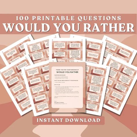 Get this Fun Printable Would You Rather Game. 100 Would You Rather questions to turn any occasion into a memorable one! This game is perfect for dinner parties, date night games, ladies night games, and even as conversation starters at a wedding (get your guests to make friends for life)! They also double as conversation starters and ice breaker questions. Buy now on Etsy! #wouldyourather #printablegames Ladies Night Games, Funny Would You Rather, Girls Night Games, Date Night Games, Would You Rather Game, Ice Breaker Questions, Rather Questions, Printable Games For Kids, Night Games