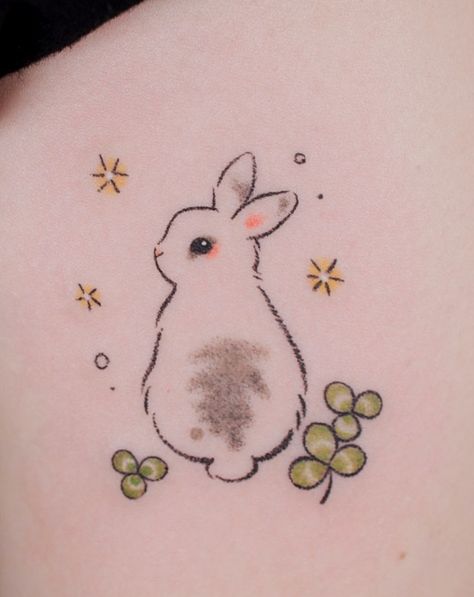 Kawaii Style Tattoo, Spring Tattoo Ideas Nature, Cute Bunny Tattoo Ideas, Lionhead Rabbit Tattoo, Miss Bunny Tattoo, Bunny Flower Tattoo, Kawaii Bunny Tattoo, Cute Bunny Tattoos, Moon Rabbit Tattoo