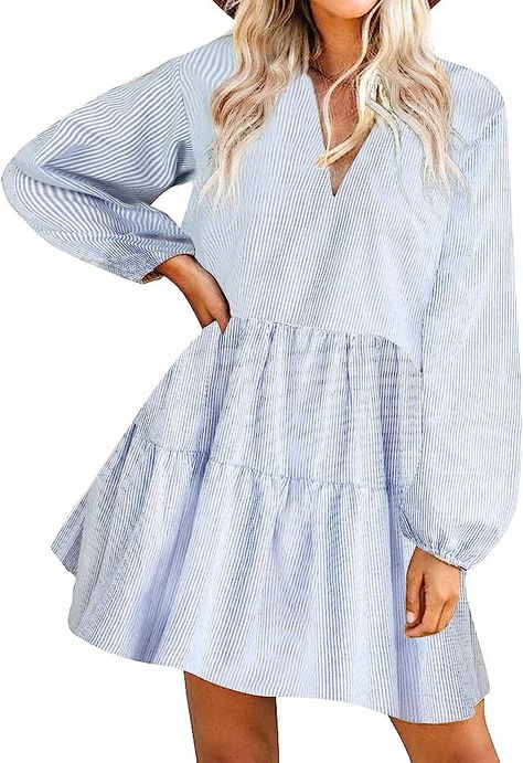 Country Girl Dresses, Cute Long Sleeve Dresses, Dress Ruffles, Raw Fabric, Christmas Dress Women, Blue Dress Women, Dark Blue Dress, White Long Sleeve Dress, Pinstripe Dress