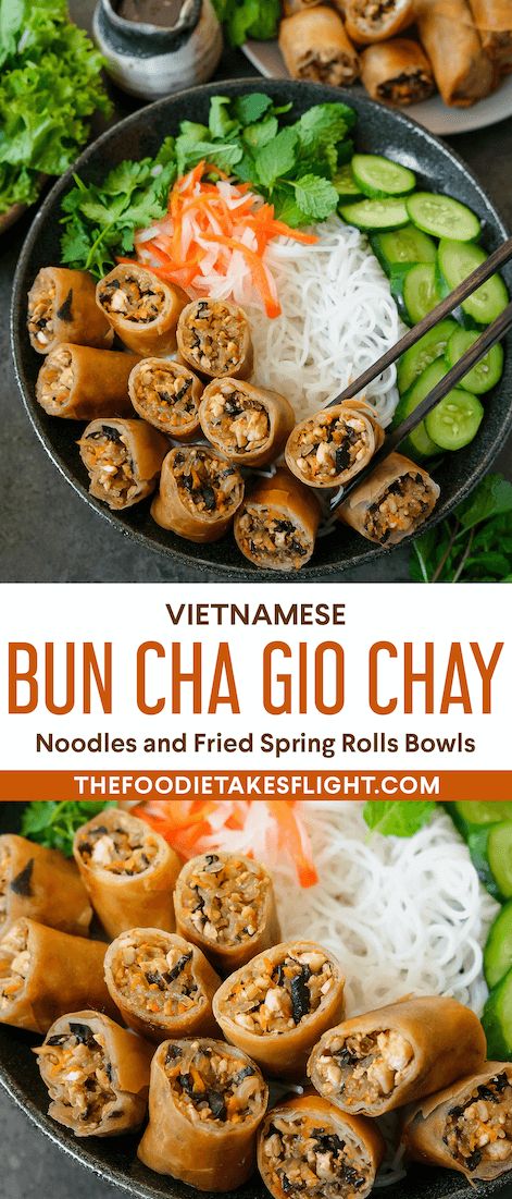 Vietnamese Noodles and Fried Vegetarian Spring Rolls Bowls (Bún Chả Giò Chay) Bun Bowl, Vietnamese Bowls, Vietnamese Noodles Recipes, Vietnamese Recipes Vegetarian, Vietnam Spring Roll, Bun Cha Recipe, Vietnamese Bowl, Vietnamese Bun Recipe, Bun Recipe Vietnamese