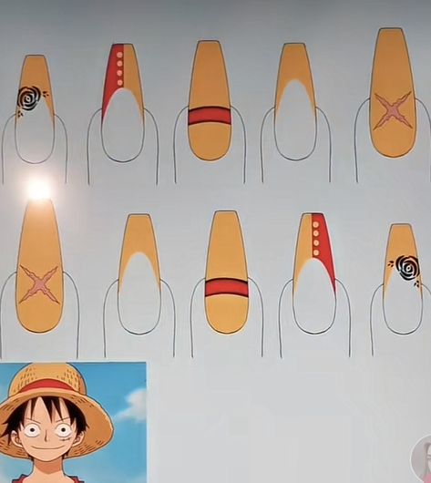 One Piece Acrylic Nails, Luffy Nail Art, One Piece Nail Art Luffy, Anime Inspired Nails One Piece, One Piece Nails Design, Simple Anime Nail Ideas, One Piece Inspired Nails, Black Clover Nails, Subtle Anime Nails