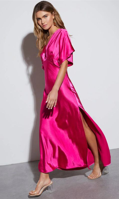 Fuschia Satin Dress, Glamorous Look, Maxi Robes, Pink M, Silver Accessories, Wedding Guest Dresses, Us Dollars, Maxi Dress Blue, Best Dressed