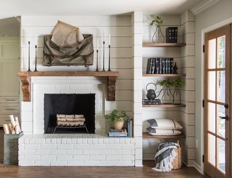 50.8k Likes, 319 Comments - Magnolia (@magnolia) on Instagram: “The Severns family wanted a home that was traditional, yet functional and inviting. This cozy…” Fixer Upper Fireplace, Farmhouse Fireplace Ideas, Rustic Farmhouse Fireplace, Joanna Gaines Decor, Farmhouse Fireplace Mantels, Modern Farmhouse Fireplace, Fireplace Mantel Designs, White Brick Fireplace, Mantel Design