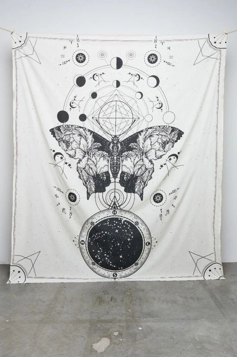 Earthbound Trading Company - EB Exclusive: Geometrical Moth Tapestry Peace Sign Party, Moth Tapestry, White Moth, Witches Tarot Deck, Earthbound Trading Company, Moth Design, Tassel Wall Hang, Astrological Symbols, Screen Printing Process