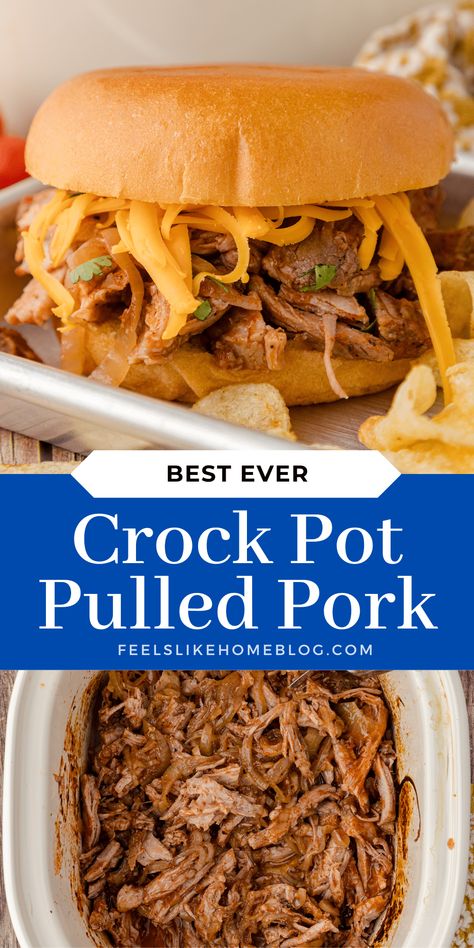 Easy Crock Pot Pulled Pork Loin - Feels Like Home™ Crockpot Pork Loin Roast Slow Cooker, Crockpot Pork Loin Pulled Pork, Slowcooker Pulled Pork Crock Pot, Pulled Pork In Crock Pot Slow Cooker, Pulled Pork Crock Pot Recipes Pork Loin, Pulled Pork From Pork Loin, Crockpot Pulled Pork Loin Bbq, Pork Loin Center Roast Crockpot, Pork Loin Rib Roast Recipes Crock Pot