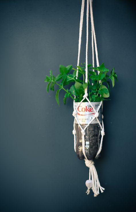 We are obsessed with macramé and are happy to tell you that it really is not very difficult. We are also obsessed with Diet Coke so we thought a hanging herb garden would be an ideal way to upcycle… Bottle Crochet, Macrame Holder, Macrame Bottle, Bottle Hanging, Diy Macramé, Hanging Herb Garden, Crochet Macrame, Macrame Hanging Planter, Hanging Plant Wall