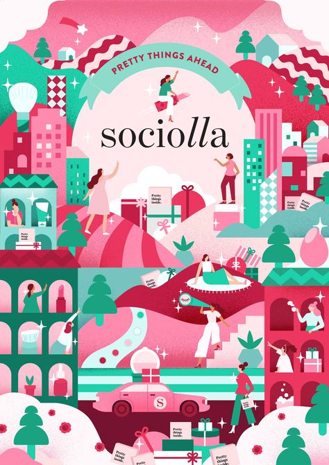 Sociolla Key Visual Illustration on Behance Christmas Key Visual, Event Key Visual, Key Visual Design Inspiration, Flat Design Poster, Visual Illustration, Graphic Design Style, Key Visual, Book Nook, Christmas Poster