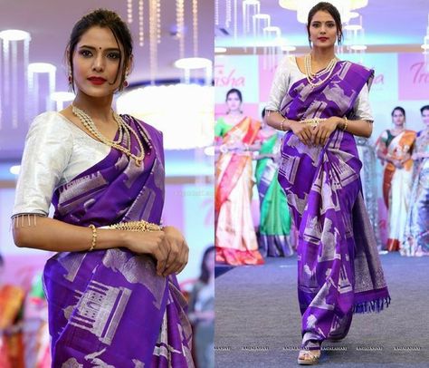 White Blouse With Saree, White Blouse Designs, Kanchi Silk Sarees, Saree White, Kanchi Pattu Sarees, Keep Me Stylish, Saree Wearing Styles, Wedding Saree Blouse Designs, Purple Saree