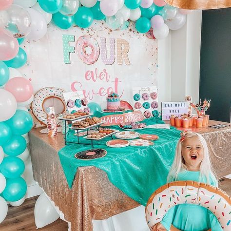 Birthday Ideas For 4 Year Girl, Four Ever Sweet Birthday Party Food, Four Ever Sweet Birthday Cake, 4 Ever Sweet Birthday Party, Fourever Sweet Party Ideas, Four Birthday Party Ideas, Four Ever Sweet Birthday Party, 4 Year Birthday Party Ideas Girl, Four Year Old Birthday Theme