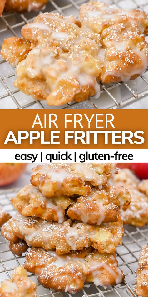 Apple Fritters Recipe Easy Air Fryer, Apple Dessert Air Fryer Recipe, Apple Donuts Recipe Gluten Free, Air Fry Fruit Recipes, Vegan Apple Fritters Air Fryer, Apple Cinnamon Air Fryer Recipe, Air Fry Apple Recipes, Low Carb Apple Fritters Recipe, Air Fryer Fried Apples