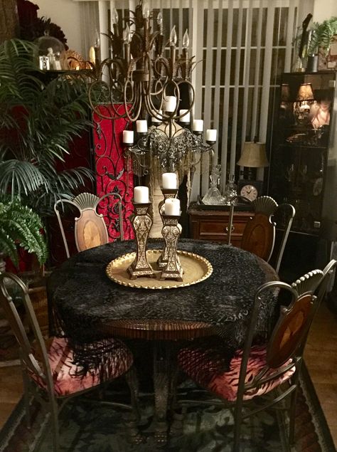 Gothic Dining Room Aesthetic, Gothic Dining Table Decor, Gothic Dinning Room Ideas, Goth Dining Table, Dark Vintage Dining Room, Dark Academia Dining Table, Whimsical Goth Kitchen, Grunge Dining Room, Whimsigoth Dining Room