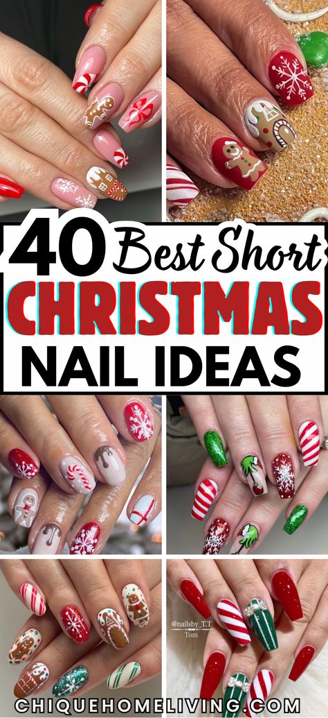 Square Oval Christmas Nails, Winter Nail Short Nails, Gel Holiday Nails Christmas Time, Festive Nails Christmas Short, Christmas Finger Nail Design Ideas, Diy Gel Nails At Home Christmas, Christmas Nails 2024 Trends Short, Cute Short Christmas Nails Acrylic, Christmas Finger Nail Ideas