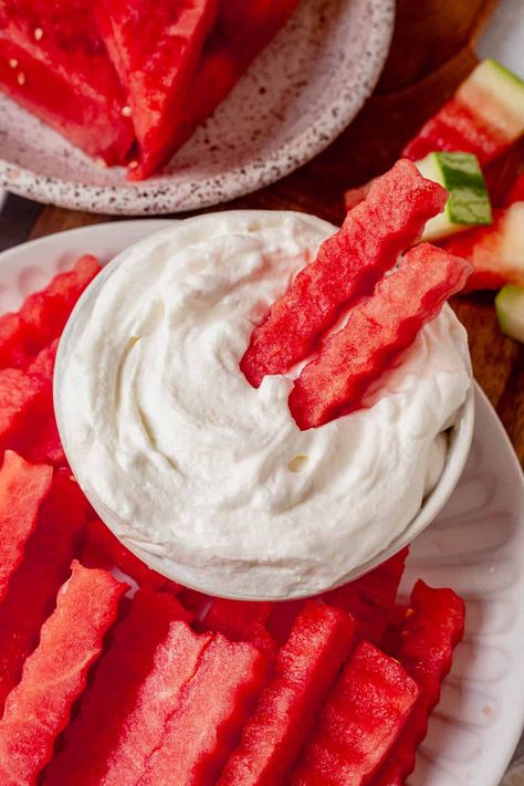 If you're looking for a fun way to serve fresh fruit, you have to try this 3-ingredient watermelon fries recipe. They're fresh watermelon sticks that look like crinkle cut fries and are served with a fruit dip. Watermelon Fries, Watermelon Sticks, Crinkle Cut Fries, Fruit Sticks, Frozen Watermelon, Yogurt Dip, Cinnamon Chips, Viral On Tiktok, Fries Recipe