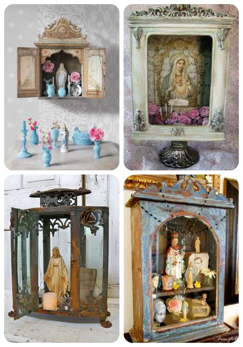 Shrines And Altars Ideas How To Make, Saint Altar Ideas, Shrines And Altars Ideas, Diy Shrine, Table For Shrine Catholic, Shrine Cabinet, Altar Diy, Virgin Mary Home Altar, Christian Shrine Home Altar