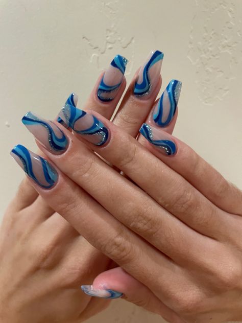 trendy nails, blue nails, line nails, nail inspo Blue Party Nails, Nail Art Blue Electric, Trending Acrylic Nails Blue, Blue And Tan Nails, Funky Blue Nails, Blue Trendy Nails, Blue Abstract Nails, Blue Nails Trendy, Blue Design Nails