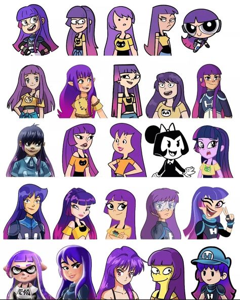 Purple Hair Pfp Cartoon, Different Cartoon Styles, Purple Cartoon Characters, Disney Art Style, Cartoon Ideas, Different Drawing Styles, Gorillaz Fan Art, Drawing Face Expressions, Art Style Challenge