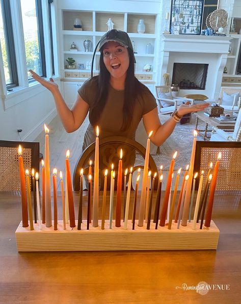 Wooden Candle Holder Centerpiece, Wooden Candle Block, Wooden Candle Centerpieces, Birthday Candle Holders Diy, Wood Block Taper Candle Holder, Wood Block Candle Holder Diy, Colorful Candle Centerpieces, Candle Board Diy, Diy Wooden Candle Holders