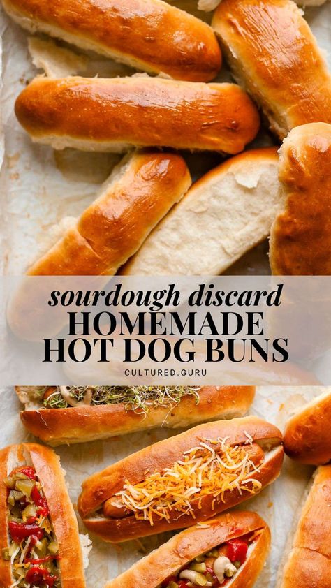 The most delicious, soft, and buttery sourdough hot dog buns you'll ever have! These sourdough discard hot dog buns take about 3 hours to make from start to bake. They're perfect for any summer BBQ. #sourdough #hotdog #grilling #buns Discard Hot Dog Buns, Easy Hot Dog Bun Recipe, Hot Dog Bread Recipe, Sourdough Recipes With Discard, Sourdough Sandwich Buns, Sourdough Discard Hot Dog Buns, Sourdough Discard Lunch Recipes, Sourdough Meal Ideas, Sourdough Quick Recipes