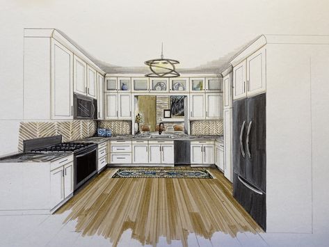 Kitchen Ideas Sketch, Kitchen 1 Point Perspective, Interior Design Kitchen Sketch, Kitchen Perspective Drawing, Kitchen Perspective, Interior Design Portfolio Layout, Marker Rendering, Hand Rendering, Interior Design Sketchbook