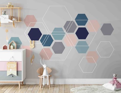 Wall Paint Designs Geometric, Wall Painting Geometric Patterns, Geometric Wall Stickers, Hexagon Wall Paint, Hexagon Painted Wall, Geometric Wall Paint Bedroom, Wall Geometric Design, Geometric Mural, Geometric Shapes Background