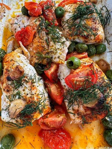 Oven Baked Mediterranean-Style Grouper - The Mad Table Grouper Fish Recipes, Baked Grouper, Spinach Tortilla Wraps, Grilled Grouper, Grouper Recipes, Grouper Fillet, Oven Baked Fish, Baked Fish Fillet, Heirloom Tomato Salad