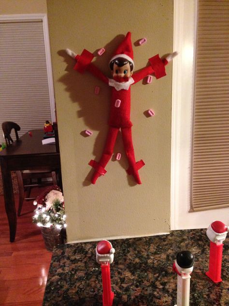 Elf On The Shelf With Pez Dispenser, Shelf Inspiration, Pez Dispensers, Xmas Elf, Awesome Elf On The Shelf Ideas, Christmas Elf, Elf On The Shelf, Christmas Time, Elf